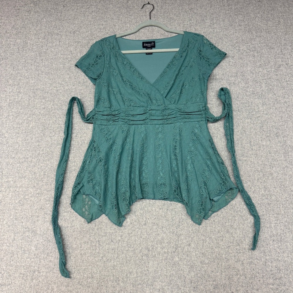 B.i.g.a.y.c.d.a. Career | Lace Empire Waist Blouse | L | Teal | Tie Back V-Neck